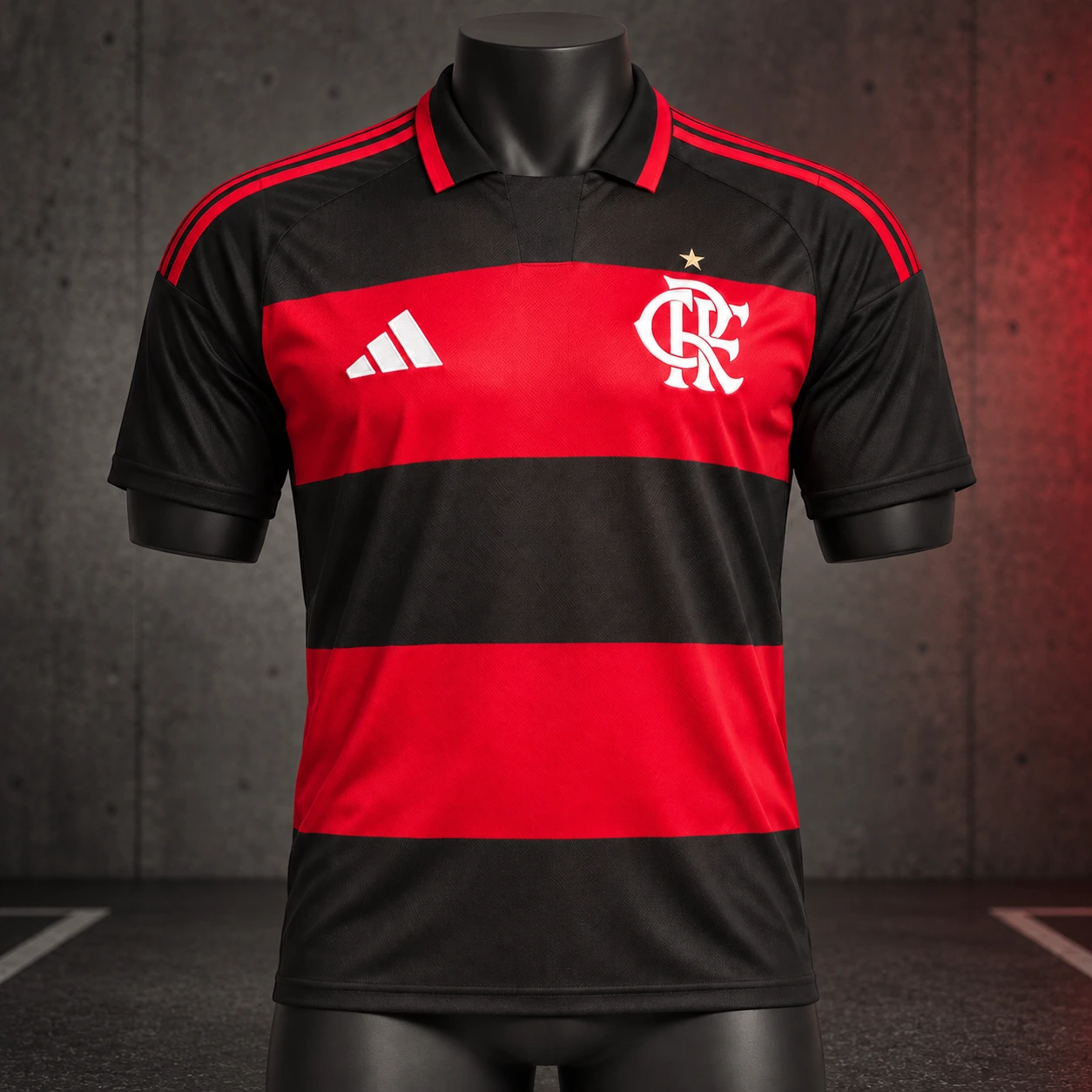 Imagem ilustrativa do manto de casa do Flamengo em um manequim